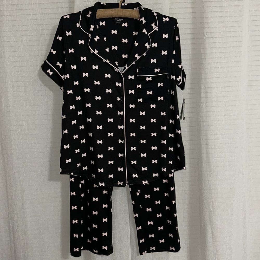 kate spade M-XL Black Blush Pink Bow Tie Short Sleeve Notch Crop Pants PJ Set